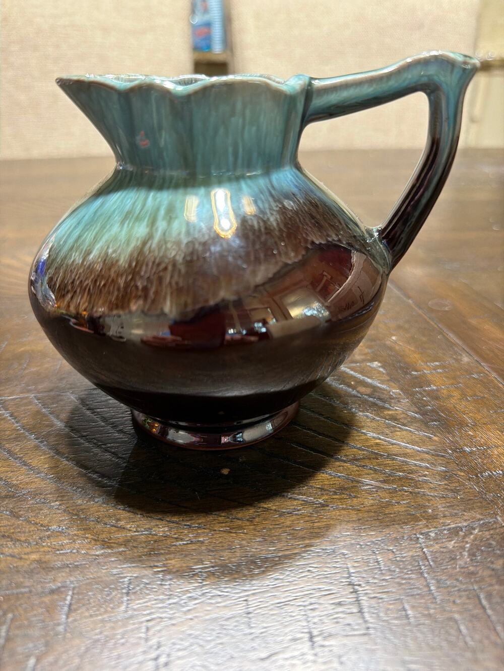 Vintage Japan Drip Glaze Ceramic Pitcher Turquoise Brown Art Pottery Jug